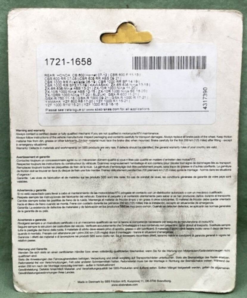 SBS 834LS Street Performance Brake Pad Set New Genuine