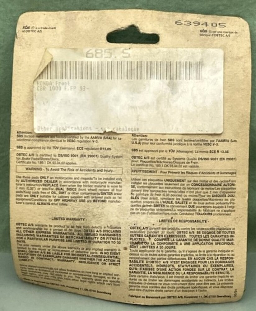 SBS 658HF FR. Ceramic Street Brake Pad Set New Genuine