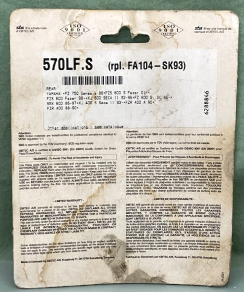 SBS 570LF Rear Ceramic Street Brake Pad Set New Genuine