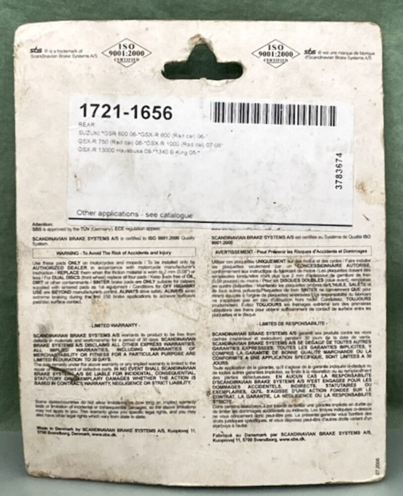 SBS 833LS Rear Sinter Street Brake Pad Set New Genuine