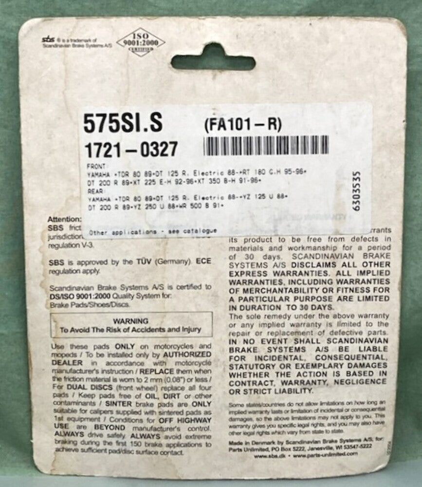 SBS 575SI Sinter Off-Road Brake Pad Set New Genuine