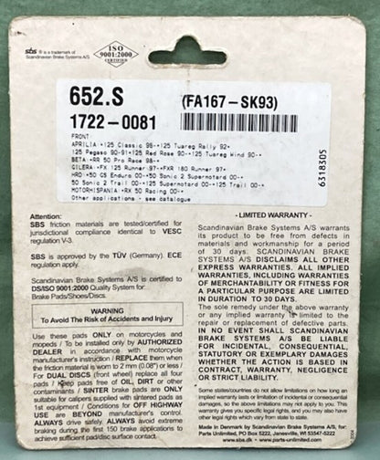 SBS 652HF FR. Ceramic Street Brake Pad Set New Genuine