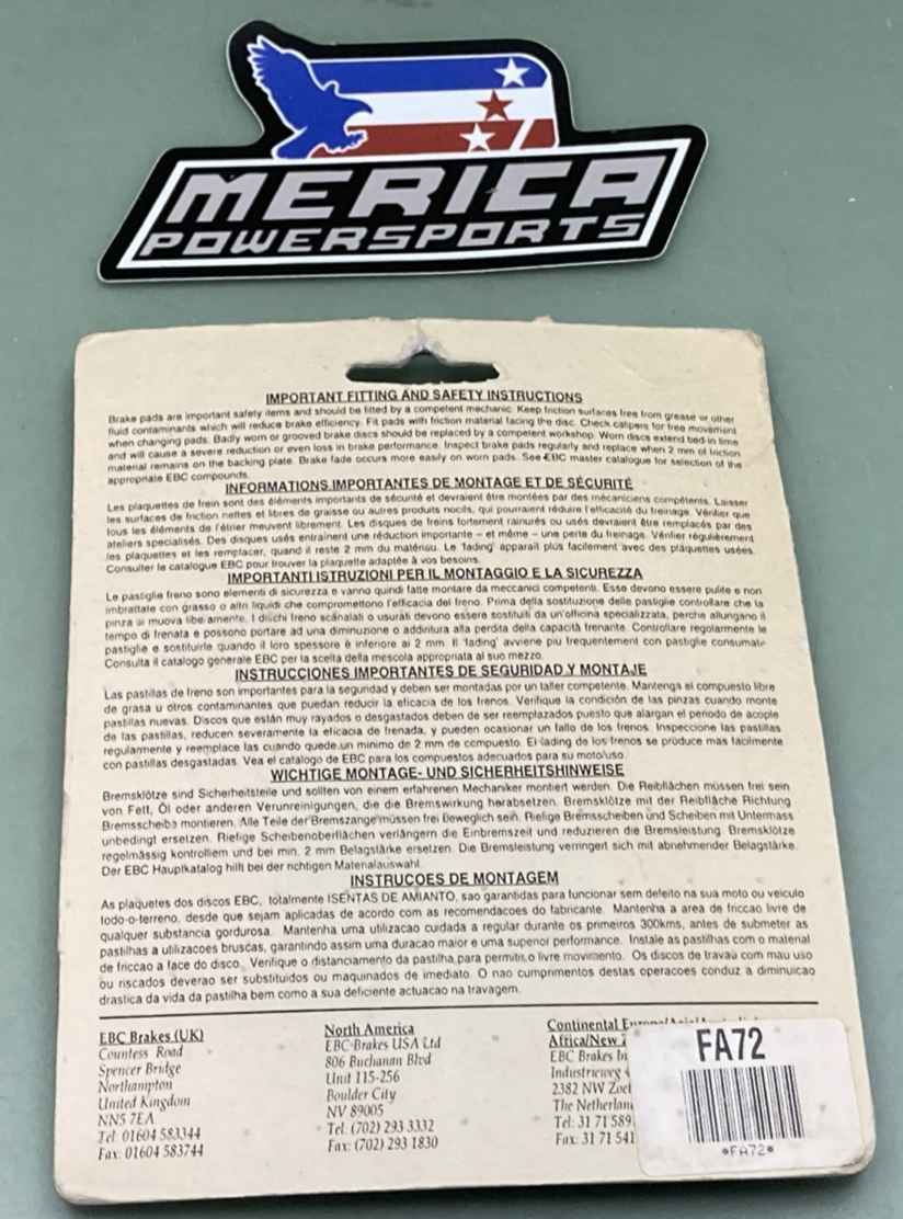 NEW GENUINE EBC FA72 Brake Pads with Kevlar For Harley-Davidson