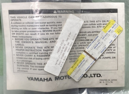 Yamaha LIT-11626-08-43 YFS200E Supp. Owner's Manual 1992 New Genuine