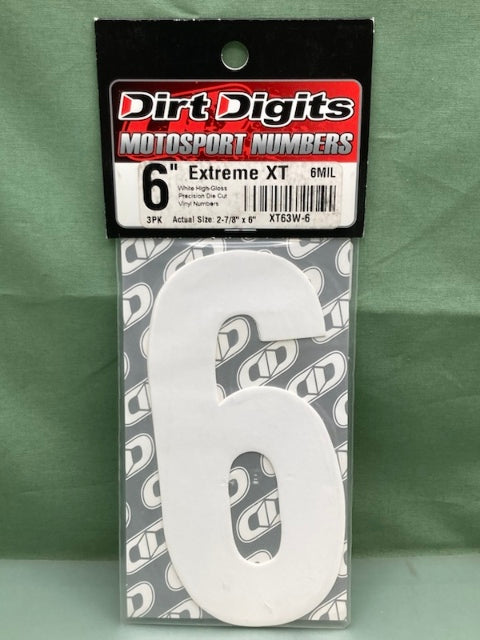 PK of 3 Dirt Digits XT63W-6 MOTORSPORTS VINYL #6 WHITE HIGH-GLOSS New Genuine