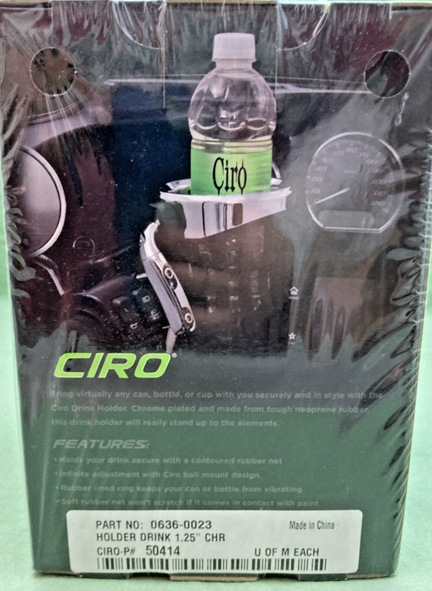 NEW GENUINE CIRO 0636-0023 DRINK HOLDER, 1-1/4" HANDLEBAR MOUNT, CHROME, 50414