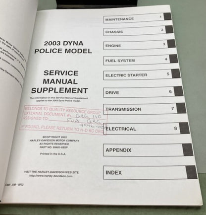 Harley Davidson 99481-03SP FXDP Police Model Supp. Service Manual 2003 Genuine