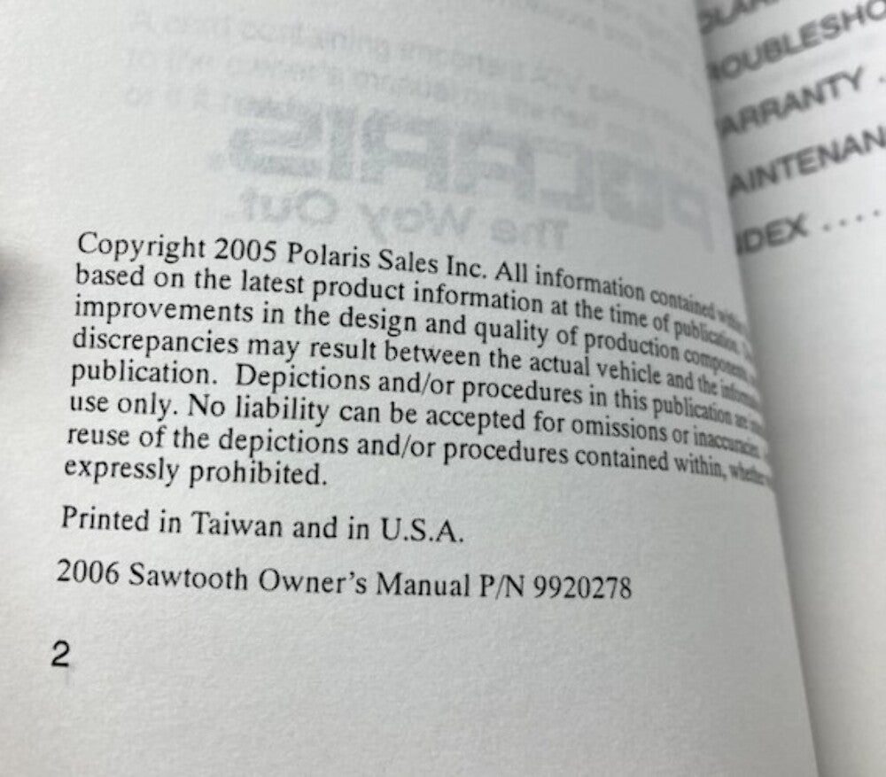 Polaris 9920278 Sawtooth Owner's Manual 2006 New Genuine