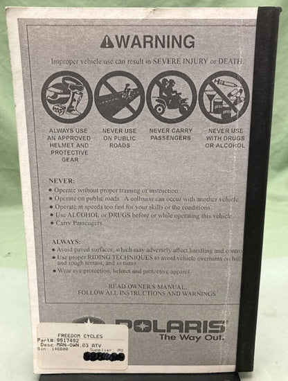 Polaris 9917492 ATV Owner's Manual 2003 Genuine