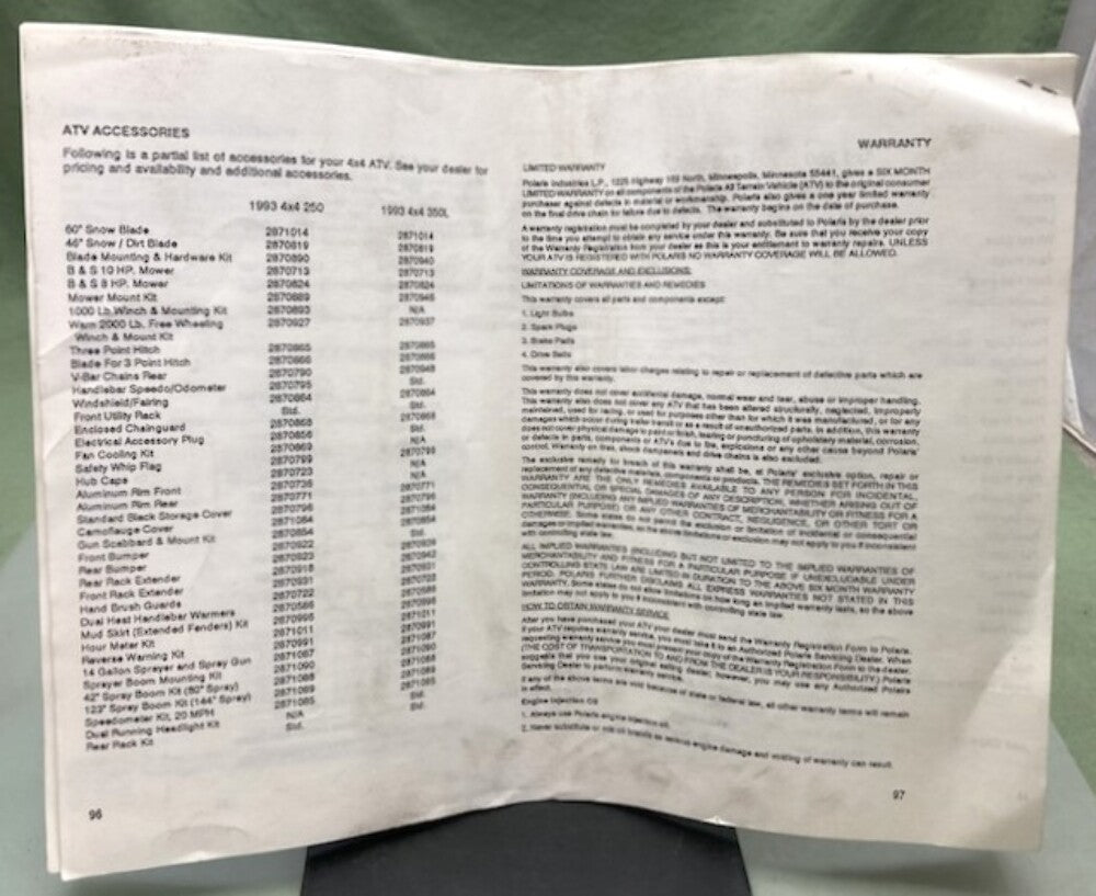 Polaris 9912397 4x4 250 4x4 350L Owner's Manual Print Out 1993 Genuine