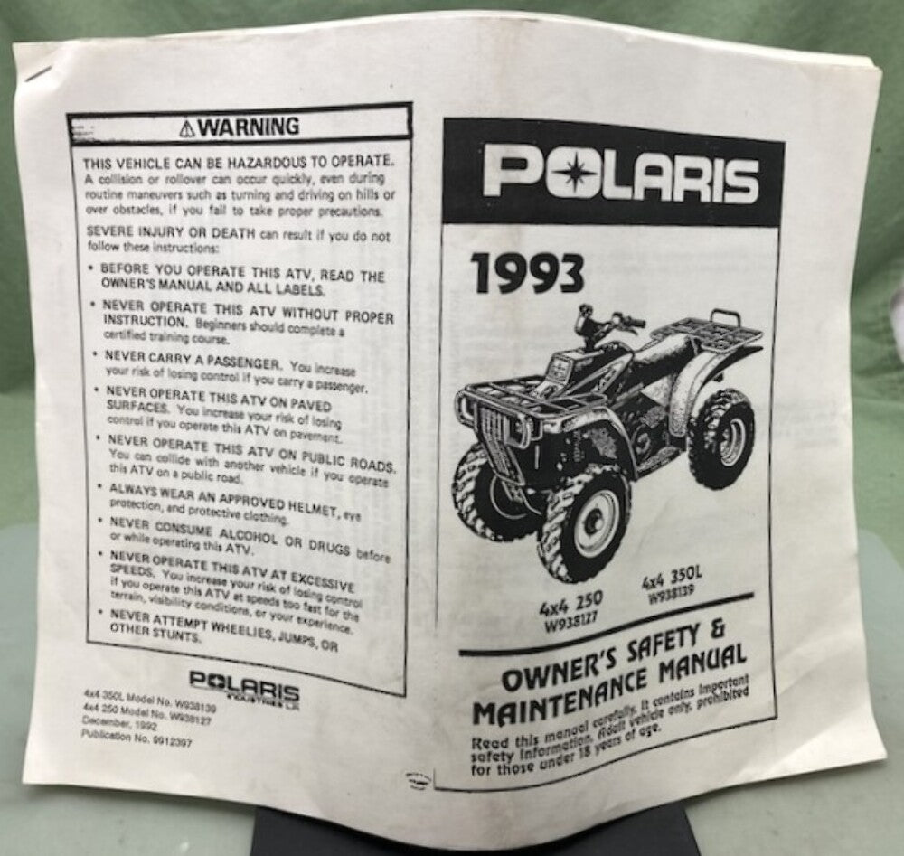 Polaris 9912397 4x4 250 4x4 350L Owner's Manual Print Out 1993 Genuine