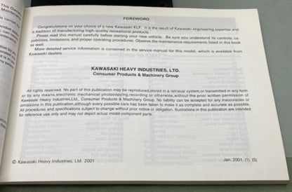 Kawasaki 99987-1053 Bayou 220 All Terrain Vehicle Owner's Manual 2001 Genuine