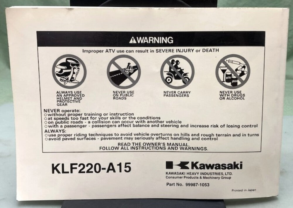 Kawasaki 99987-1053 Bayou 220 All Terrain Vehicle Owner's Manual 2001 Genuine