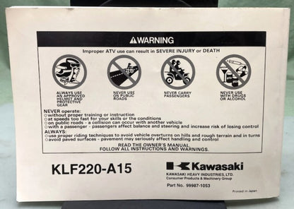 Kawasaki 99987-1053 Bayou 220 All Terrain Vehicle Owner's Manual 2001 Genuine