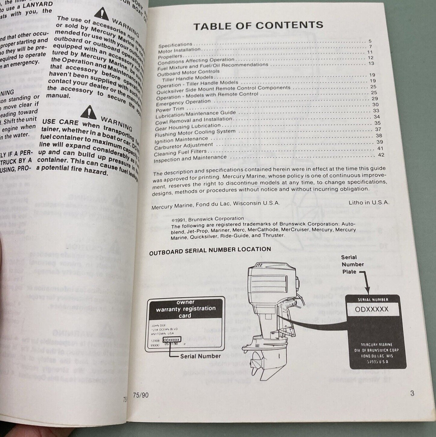 GENUINE MERCURY 90-13537920 OPERATION & MAINTENANCE MANUAL 1991