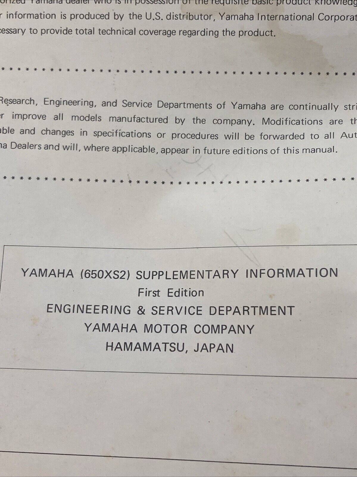 GENUINE YAMAHA 650 XS2 SUPPLEMENTARY INFORMATION FIRST EDITION