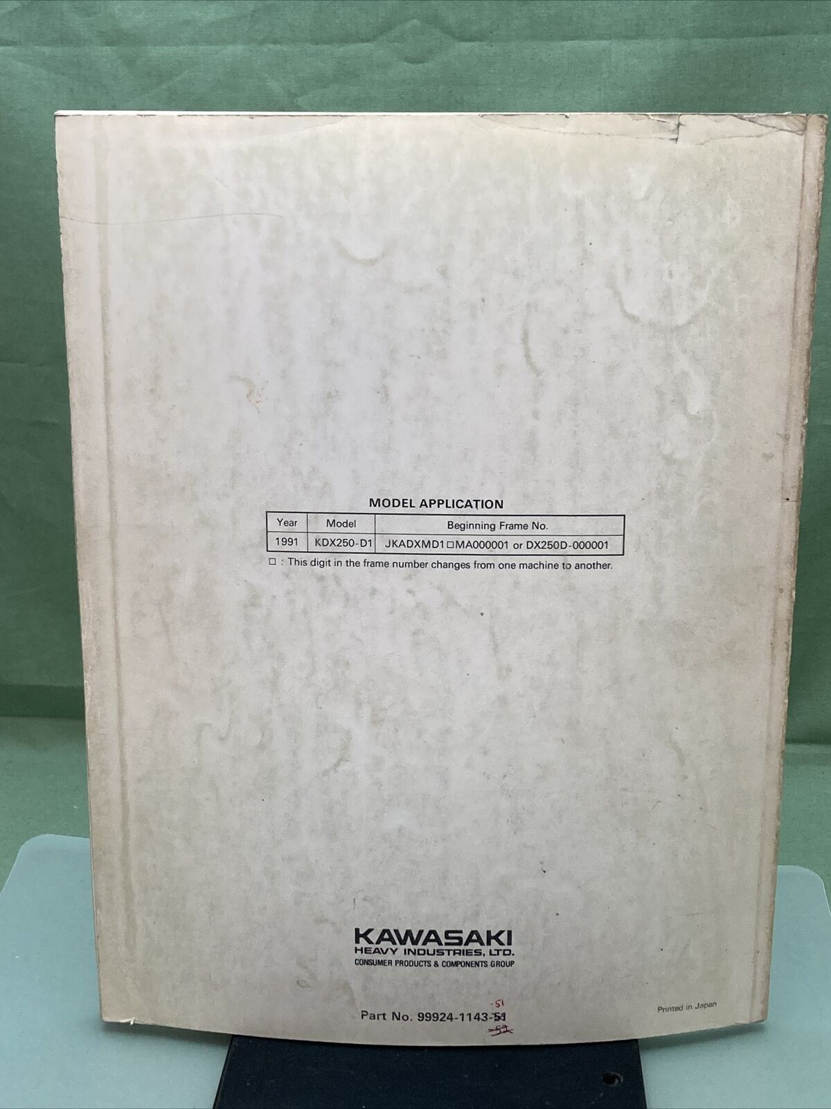 GENUINE KAWASAKI 99924-1143-51 KDX250 SERVICE MANUAL SUPPLEMENT