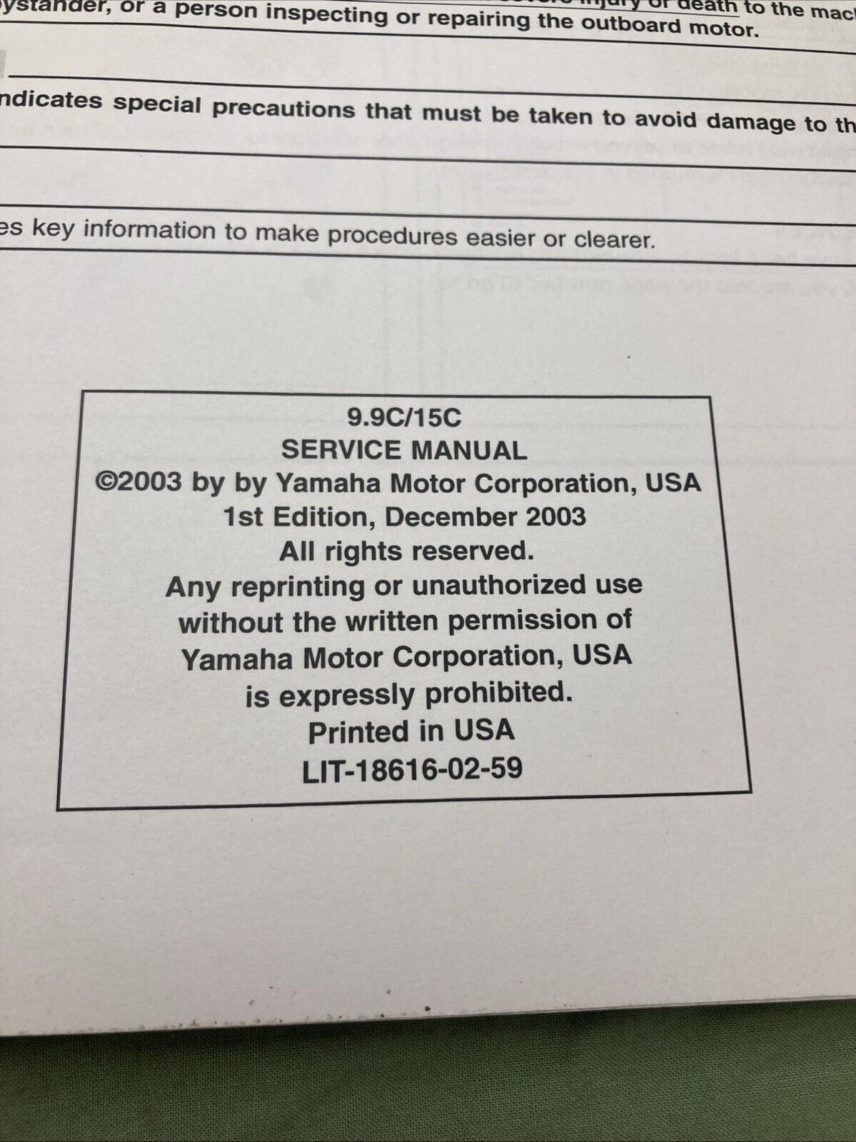 GENUINE YAMAHA LIT-18616-02-59 9.9C, 15C SERVICE MANUAL 2003