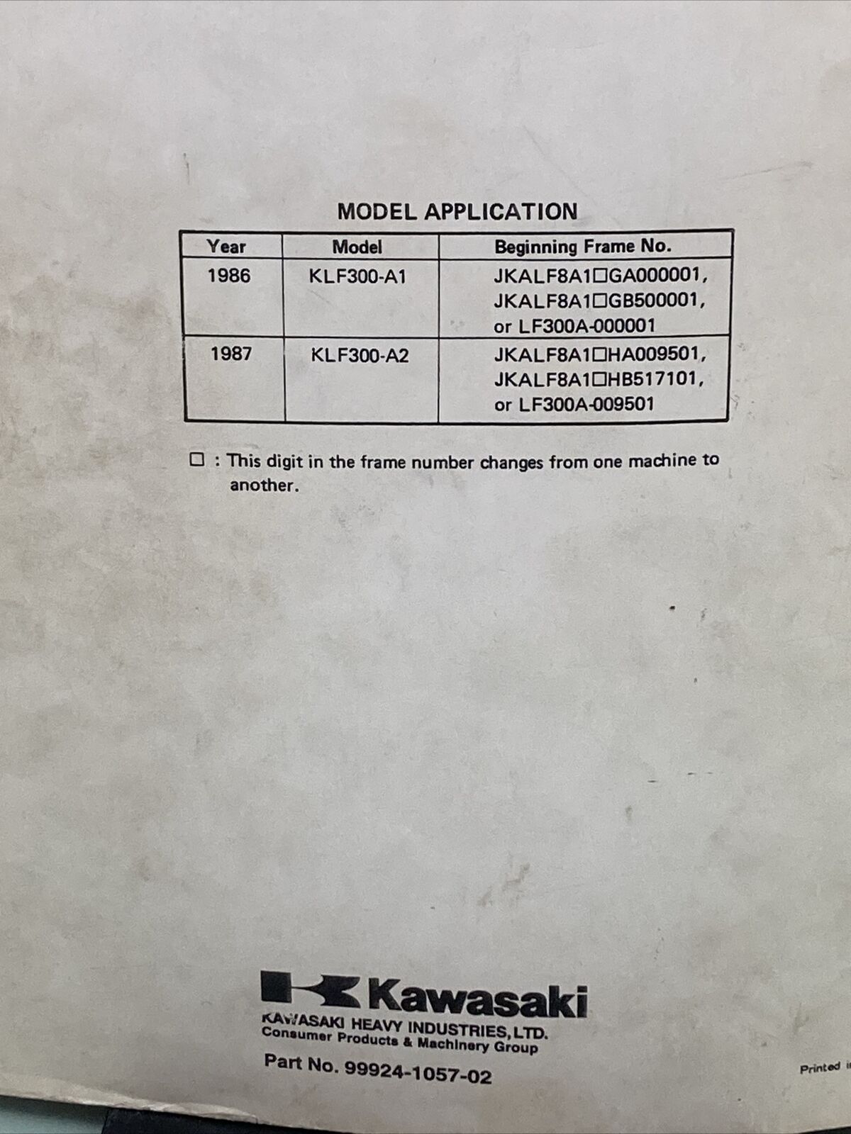 GENUINE KAWASAKI 99924-1057-02 SERVICE MANUAL KLF300