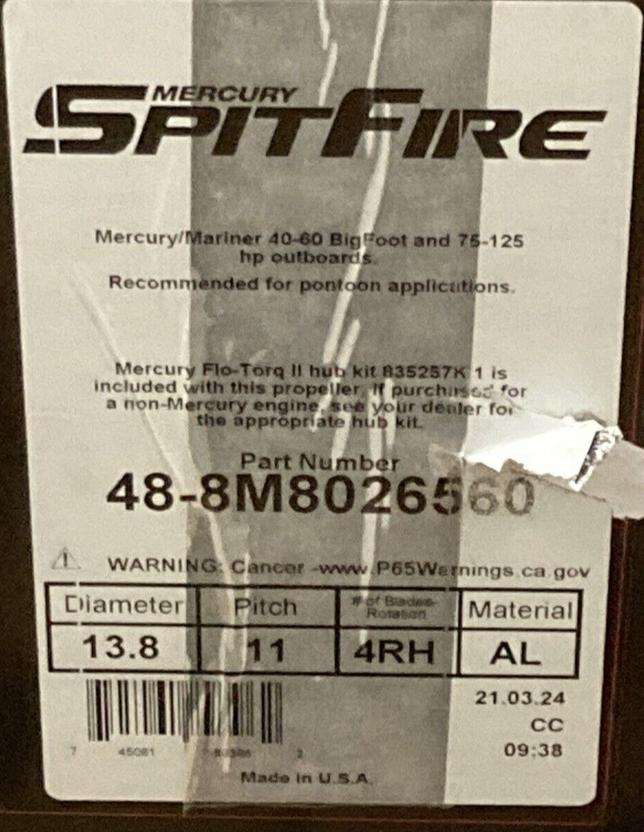 NEW GENUINE MERCURY 48-8M8026560 PROPELLER SPITFIRE 4-BLADE RH 13.8"D 11" PITCH
