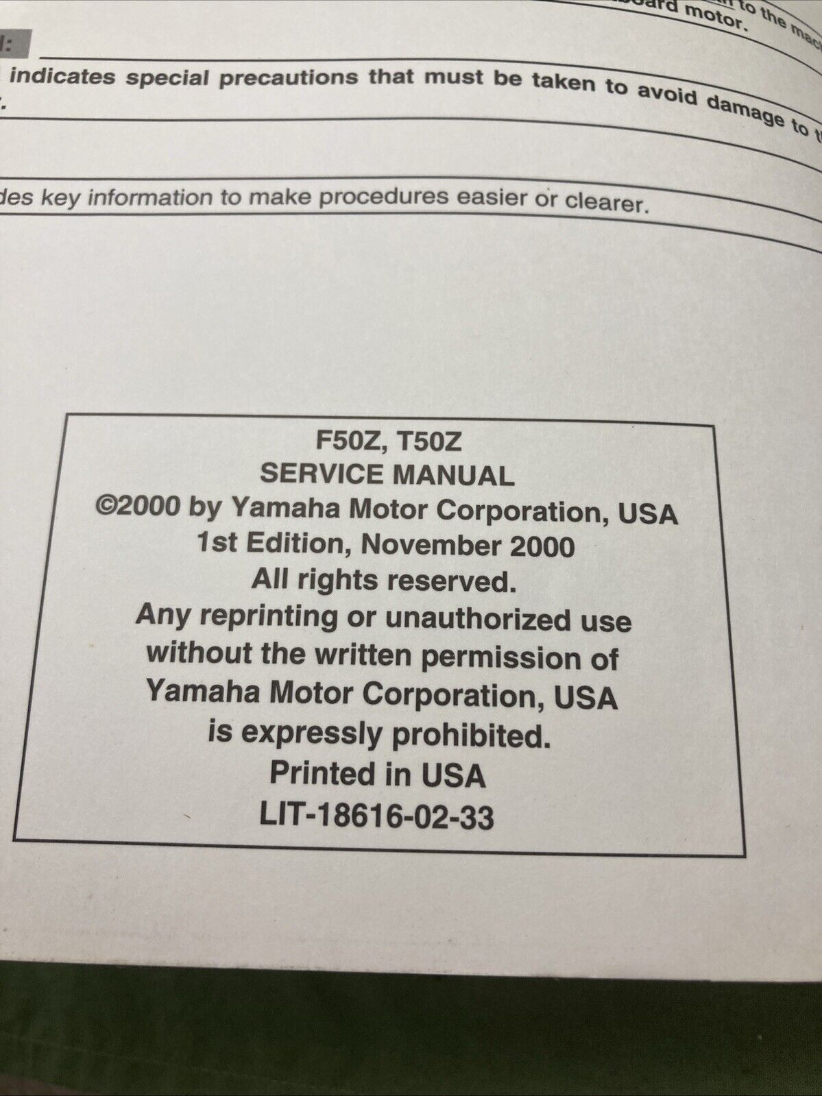 GENUINE YAMAHA LIT-18616-02-33 F50Z, T50Z SERVICE MANUAL 2000