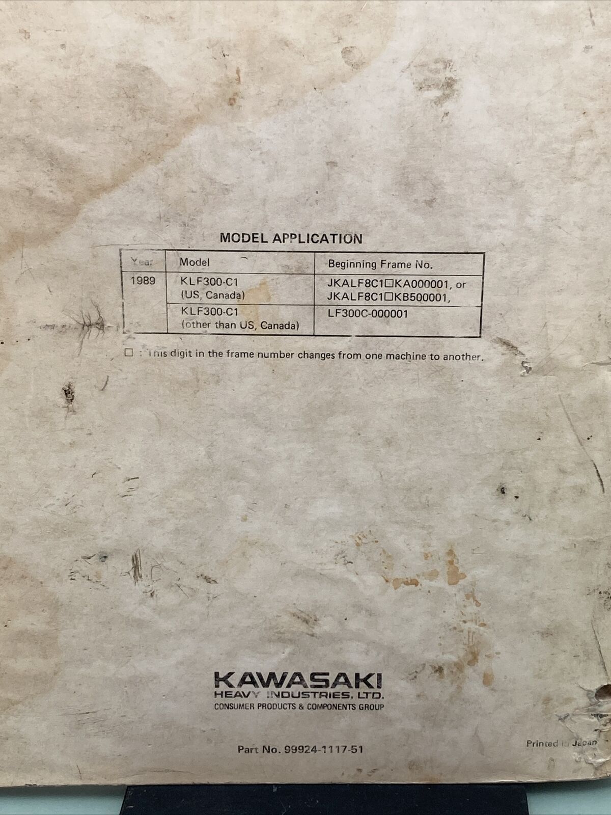 GENUINE KAWASAKI 99924-1117-51 SERVICE MANUAL KLF300 BAYOU 4X4