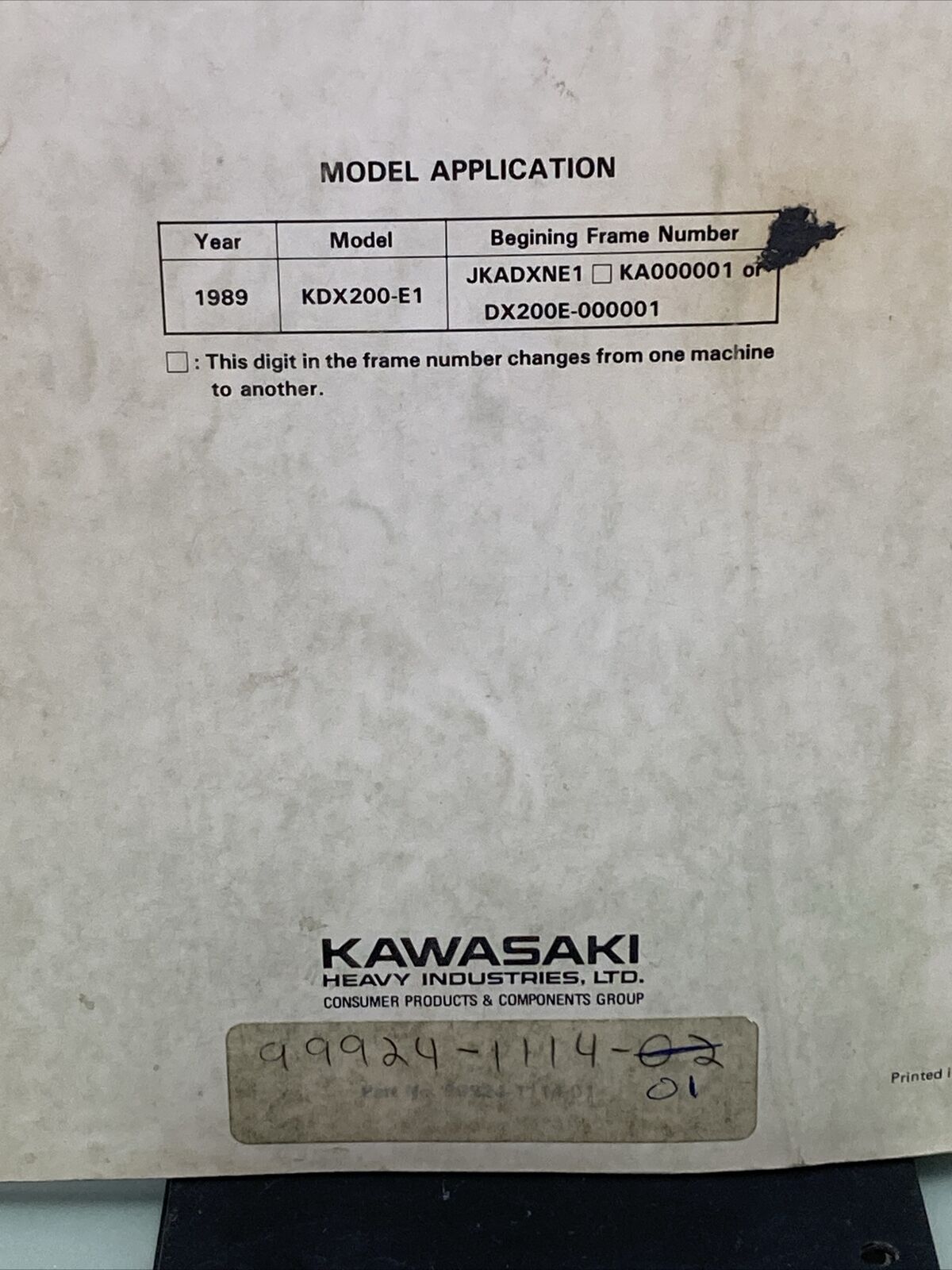 GENUINE KAWASAKI 99924-1114-01 SERVICE MANUAL KDX200