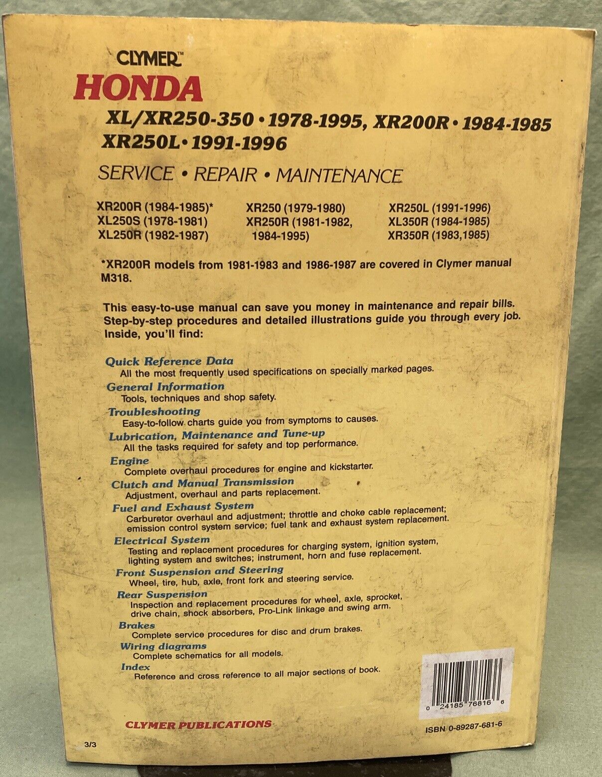 CLYMER HONDA M328 XL/XR250-350 XR200R XR250L SERVICE MANUAL 78-95 84-85 91-96