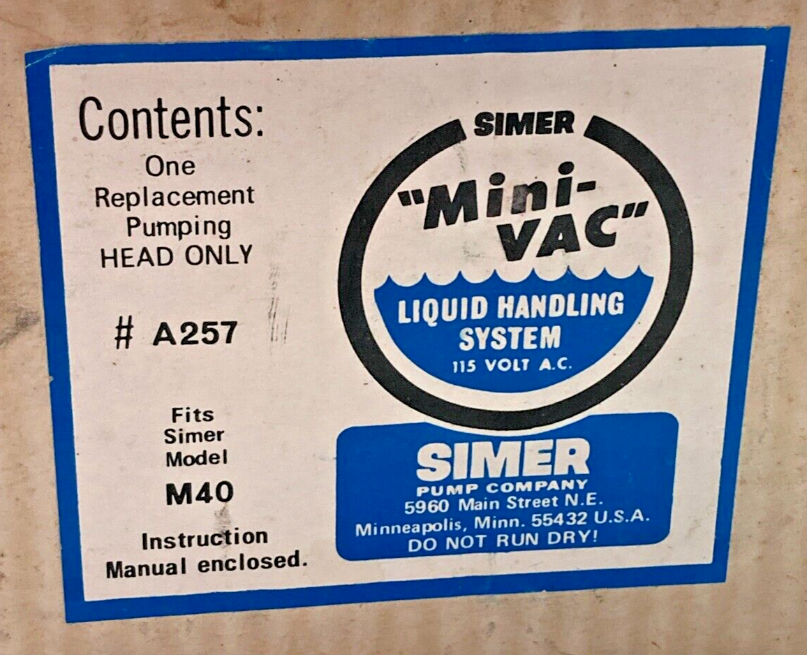 SIMER A257 MINI-VAC LIQUID HANDLING SYSTEM REPLACEMENT PUMPING HEAD