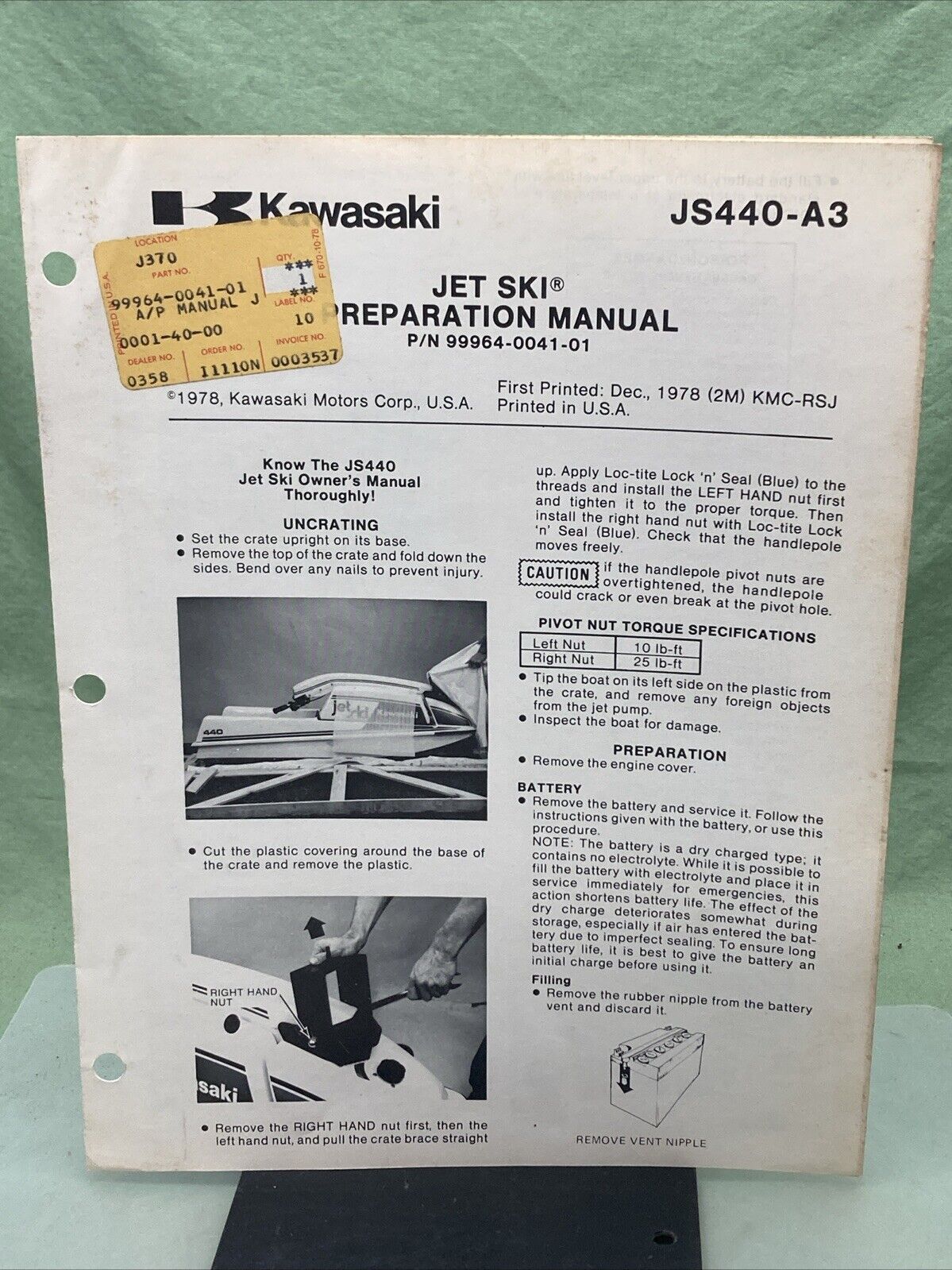 GENUINE KAWASAKI 99964-0041-01 JS440-A3 JET SKI PREPARATION MANUAL 1978