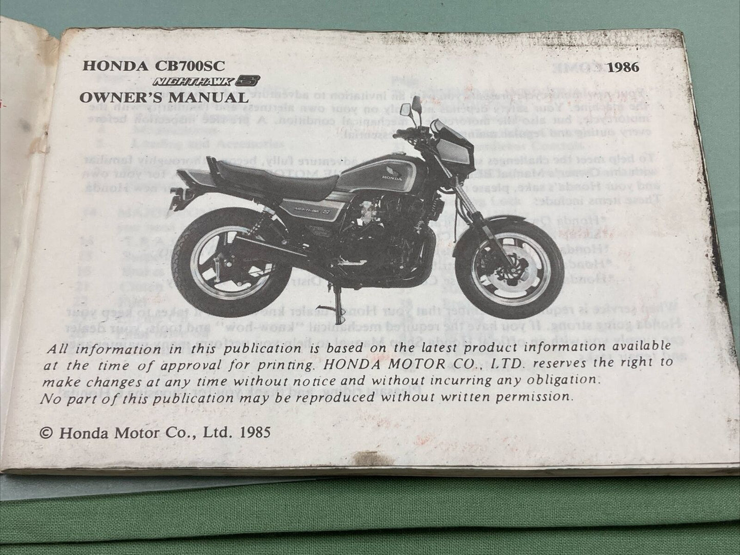 GENUINE HONDA 31MJ1620 CB700SC NIGHTHAWK OWNER'S MANUAL '86