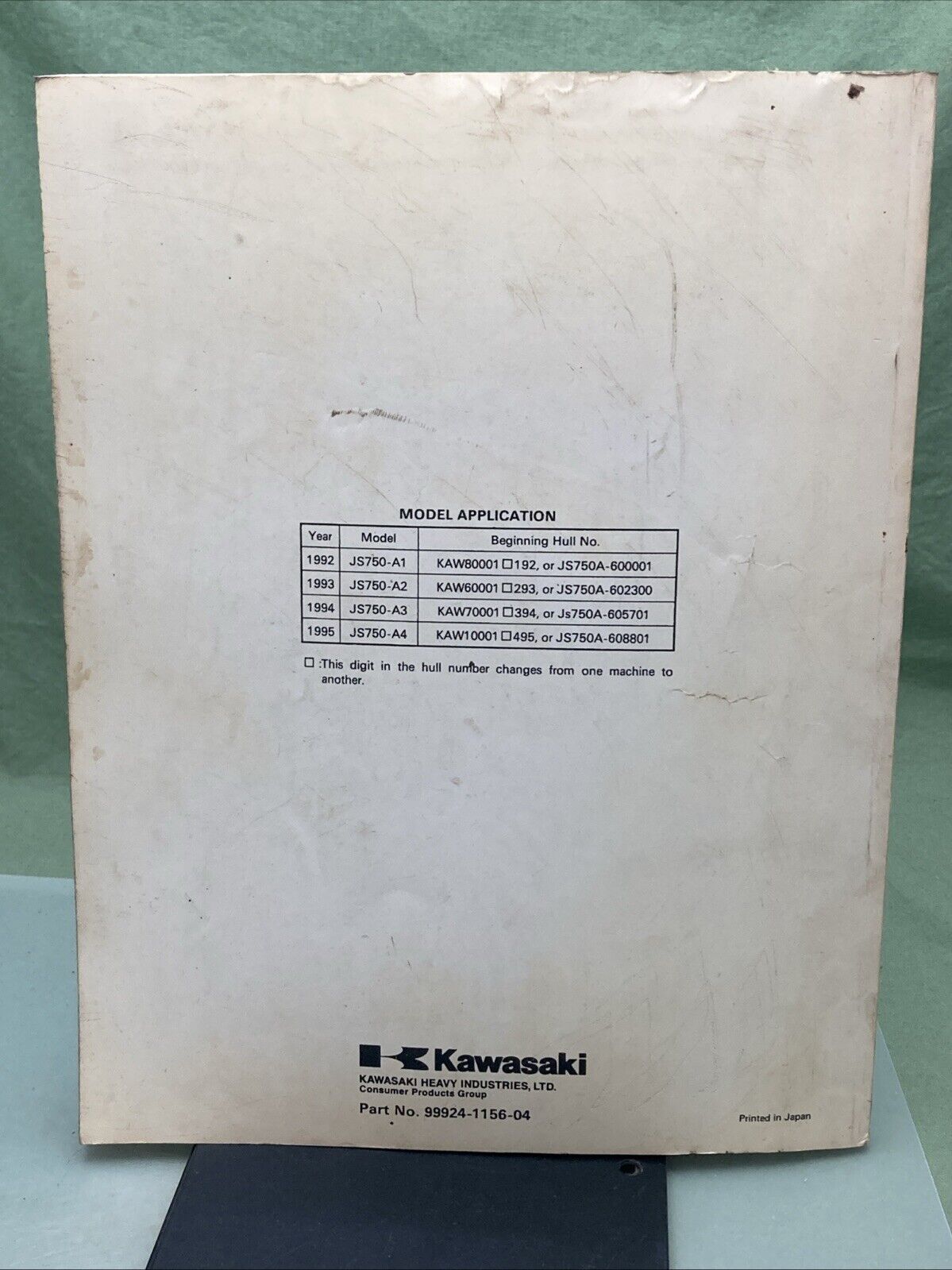 GENUINE KAWASAKI 99924-1156-04 750SX JET SKI WATERCRAFT SERVICE MANUAL 1992-1995