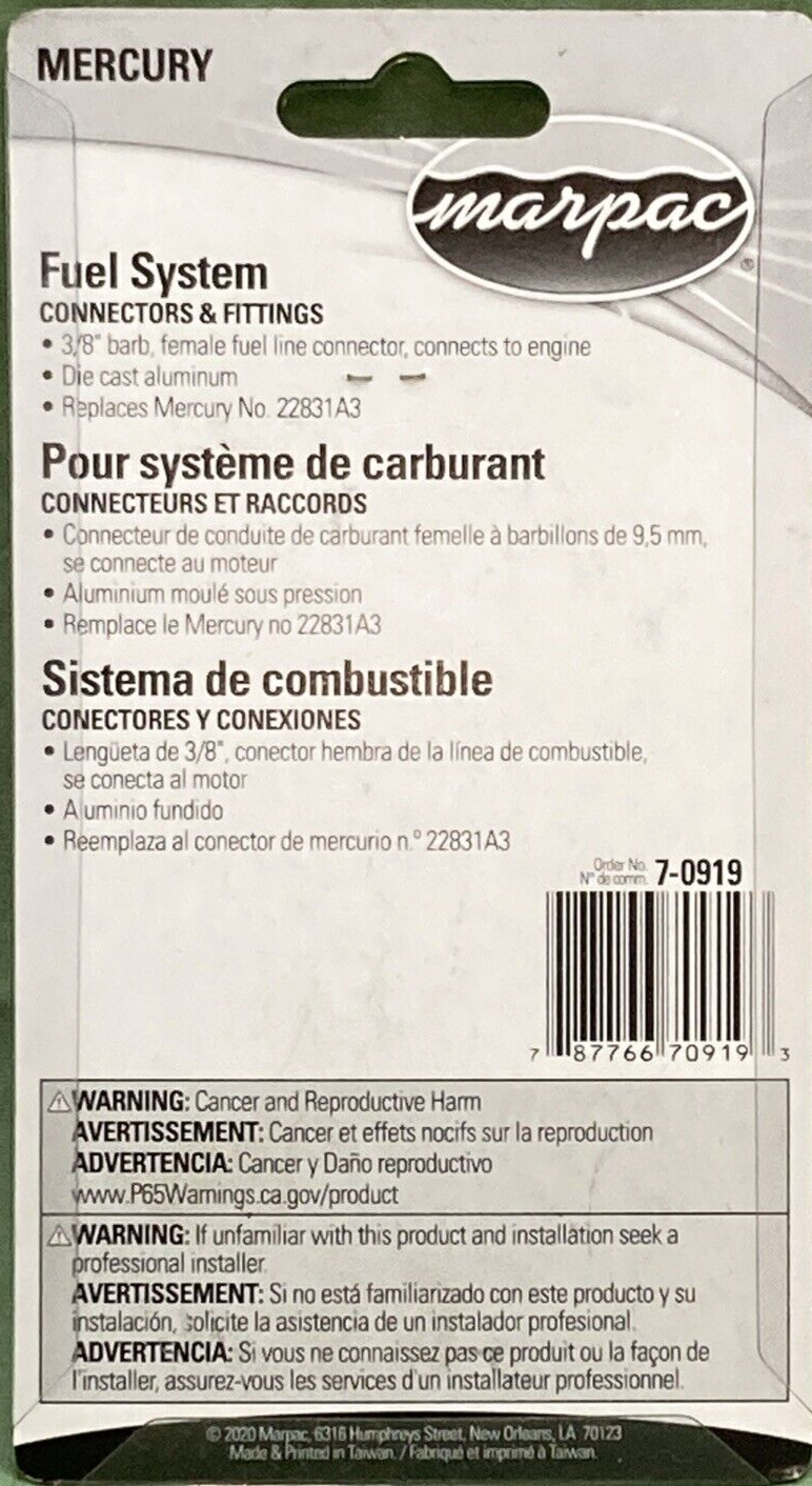 NEW GENUINE MARPAC 7-0919 FUEL CONNECTOR FOR MERCURY MARINE