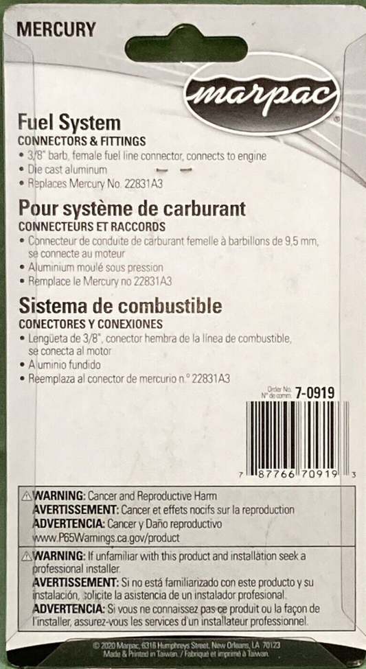 NEW GENUINE MARPAC 7-0919 FUEL CONNECTOR FOR MERCURY MARINE