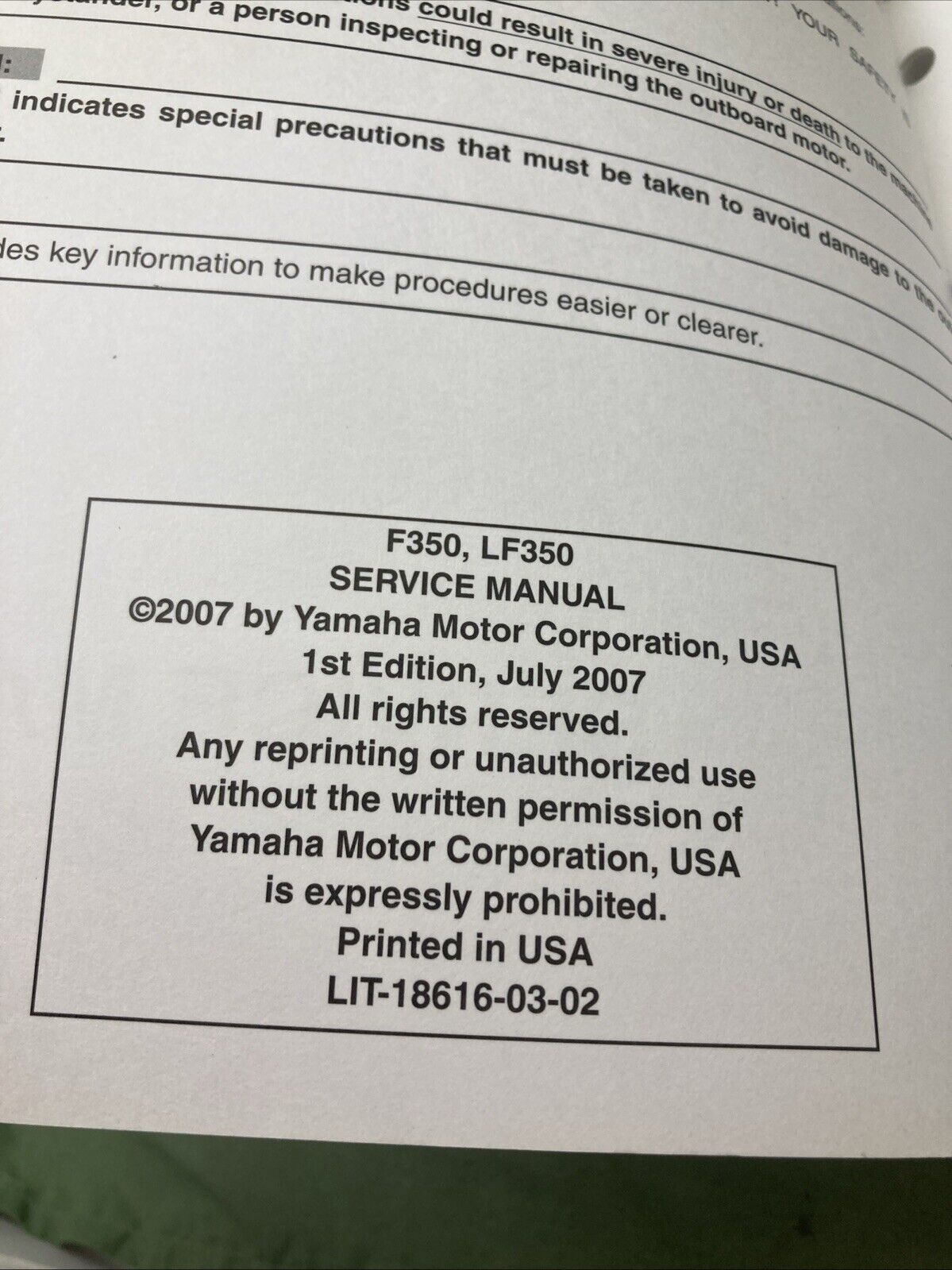 GENUINE YAMAHA LIT-18616-03-02 F350, LF350 SERVICE MANUAL 2007