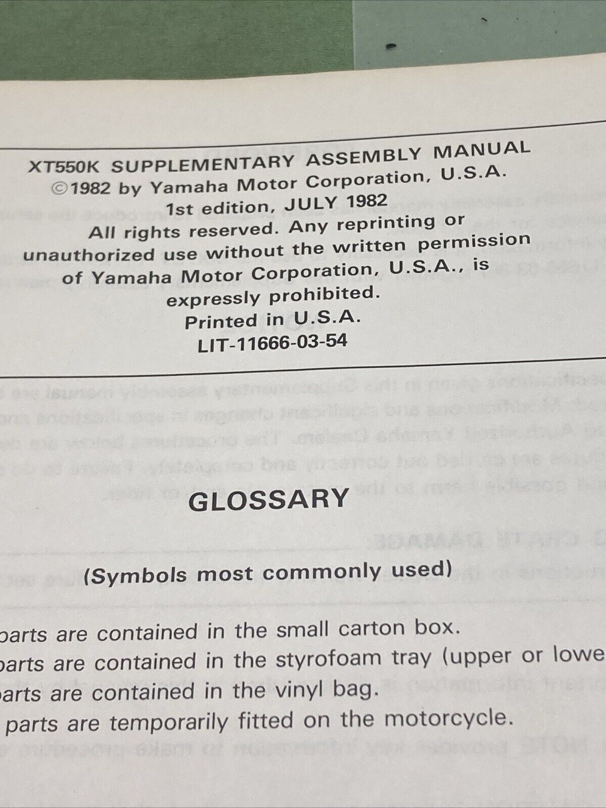 GENUINE YAMAHA LIT-11666-03-54 XT550K SUPPLEMENTARY ASSEMBLY MANUAL 5Y1-28107-11