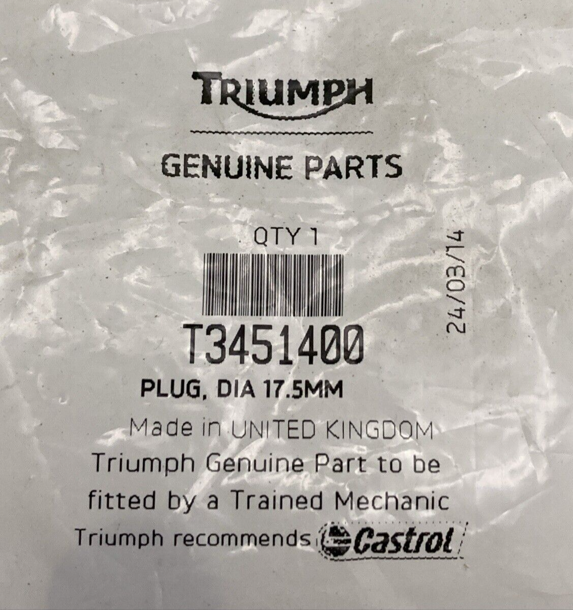 NEW GENUINE TRIUMPH T3451400 Plug, Dia 17.5MM