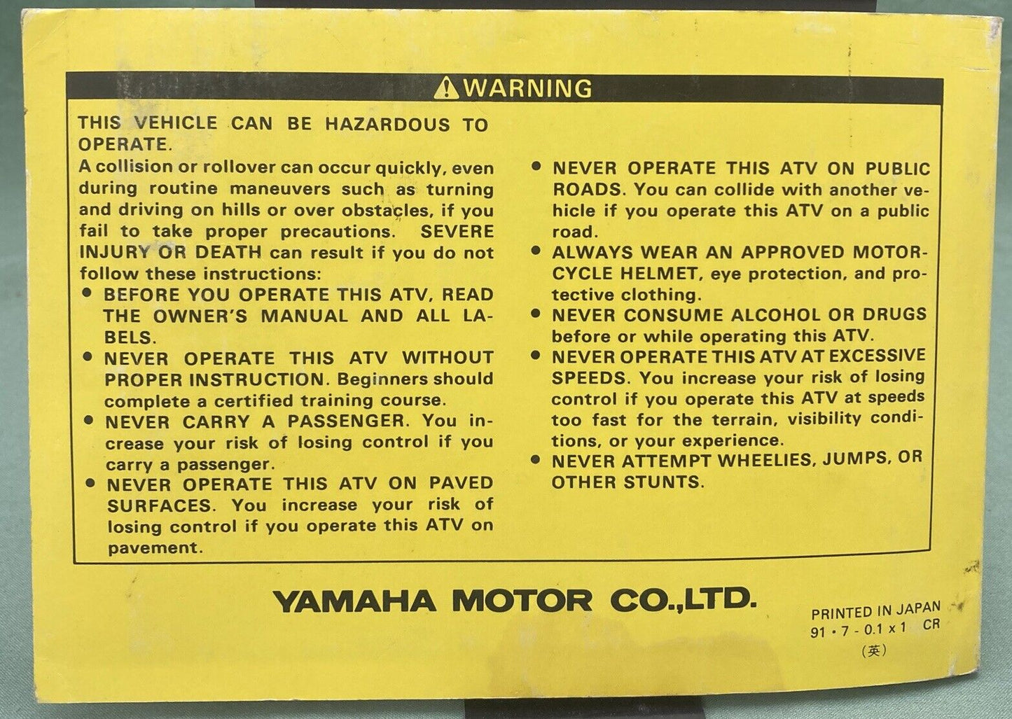 YAMAHA LIT-11626-08-04 YFM350XD Owner's Manual 1991