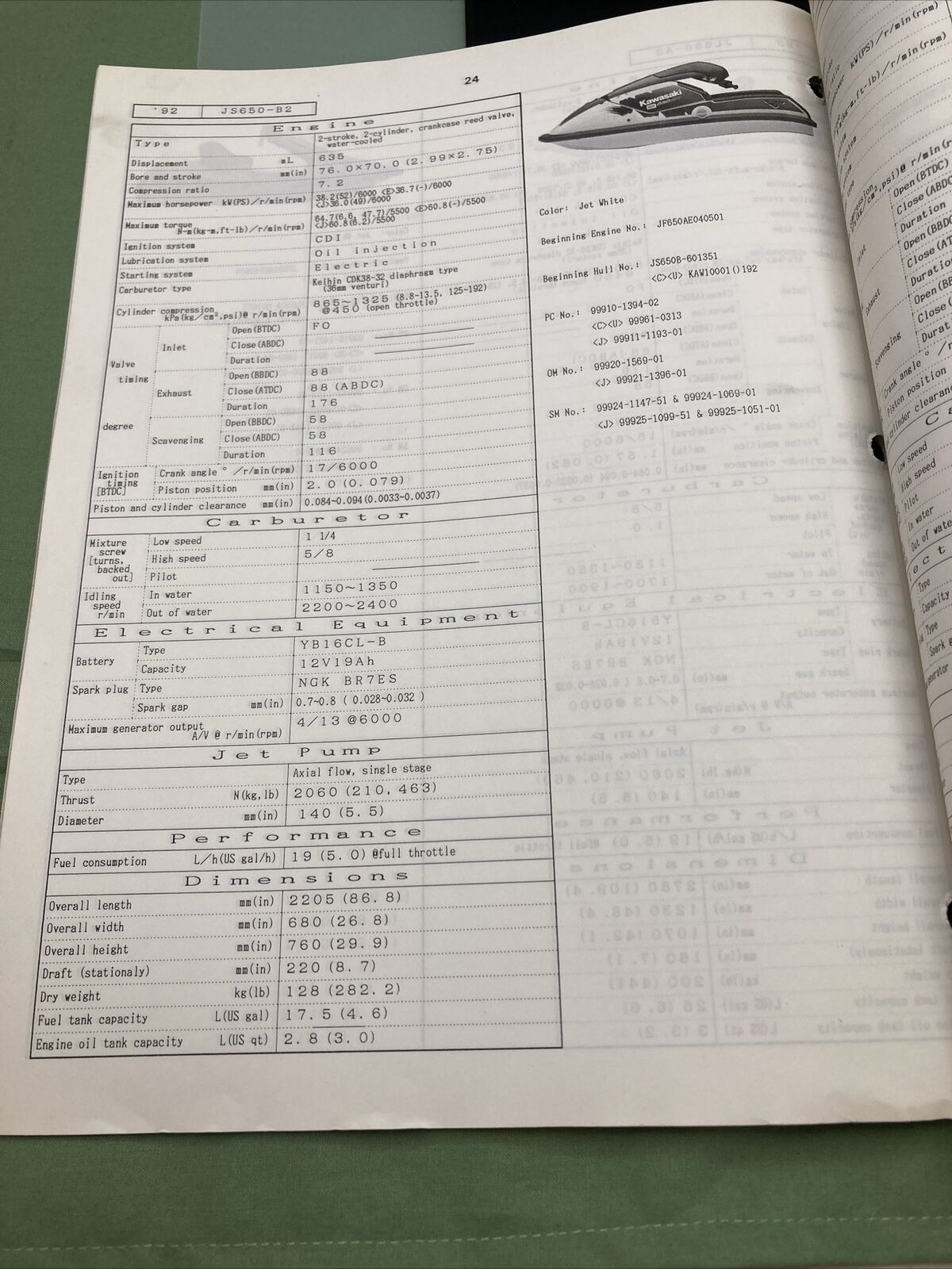 GENUINE KAWASAKI 99926-1023-01 JETSKI JETMATE WTRCFT SERVICE SPEC MANUAL '92-'93