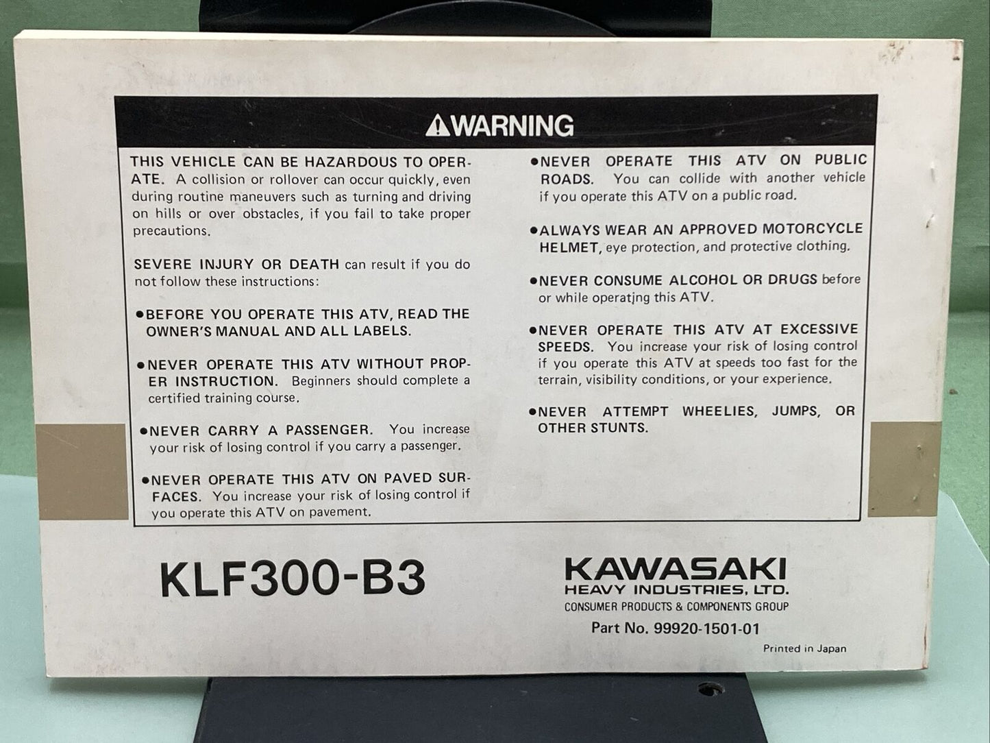 GENUINE KAWASAKI 99920-1501-01 KLF300 BAYOU OWNER'S MANUAL