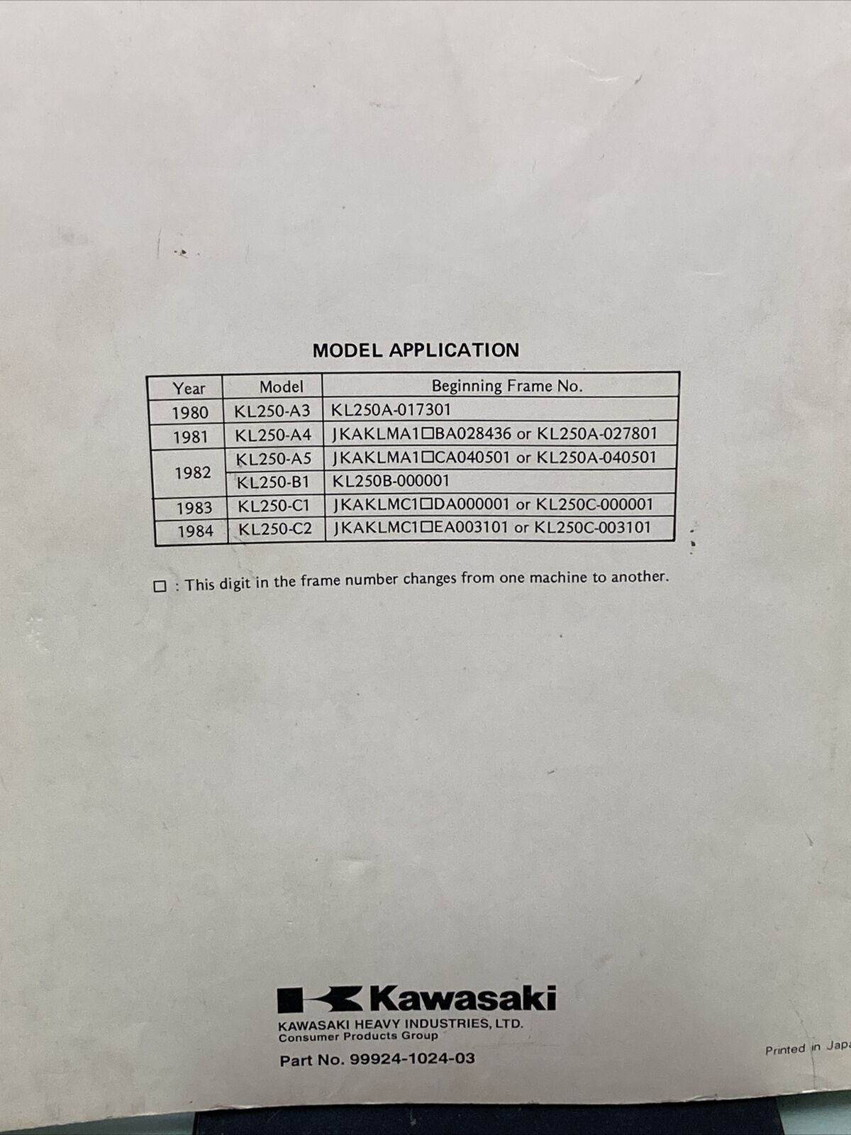 GENUINE KAWASAKI 99924-1024-03 SERVICE MANUAL KL250