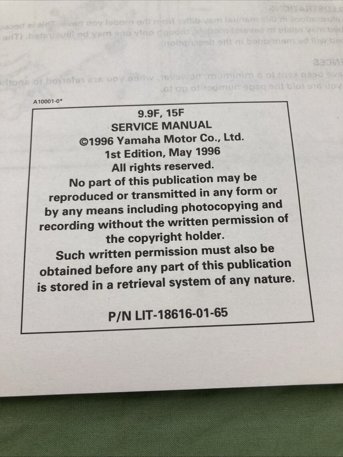 GENUINE YAMAHA LIT-18616-01-65 9.9V, 15V SERVICE MANUAL 1996