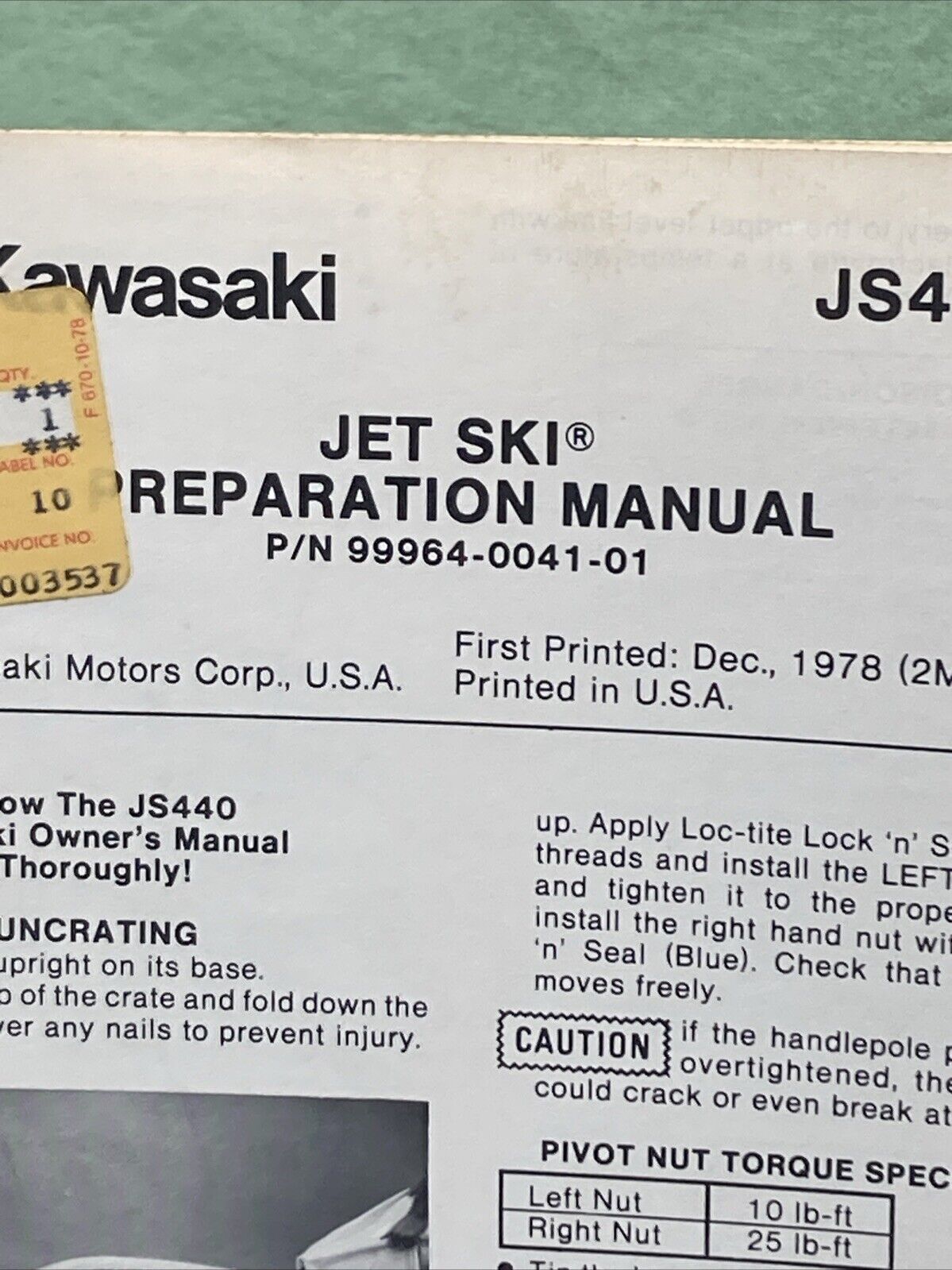 GENUINE KAWASAKI 99964-0041-01 JS440-A3 JET SKI PREPARATION MANUAL 1978