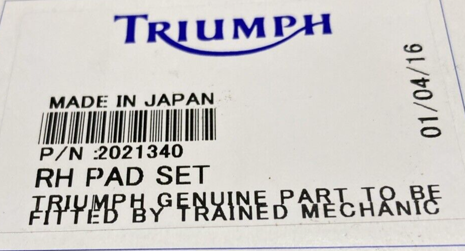 NEW GENUINE TRIUMPH  T2021340 Pad Set, Front, Rh