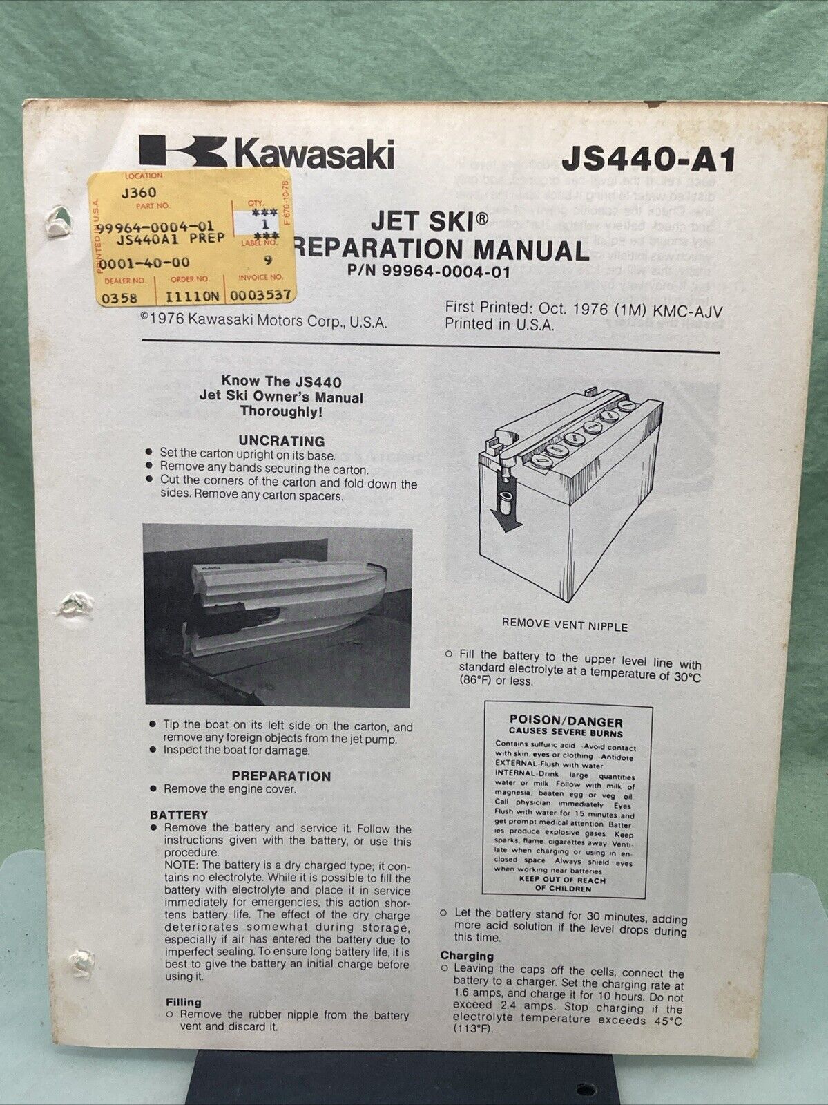 GENUINE KAWASAKI 99964-0004-01 JS440-A1 JET SKI PREPARATION MANUAL 1976