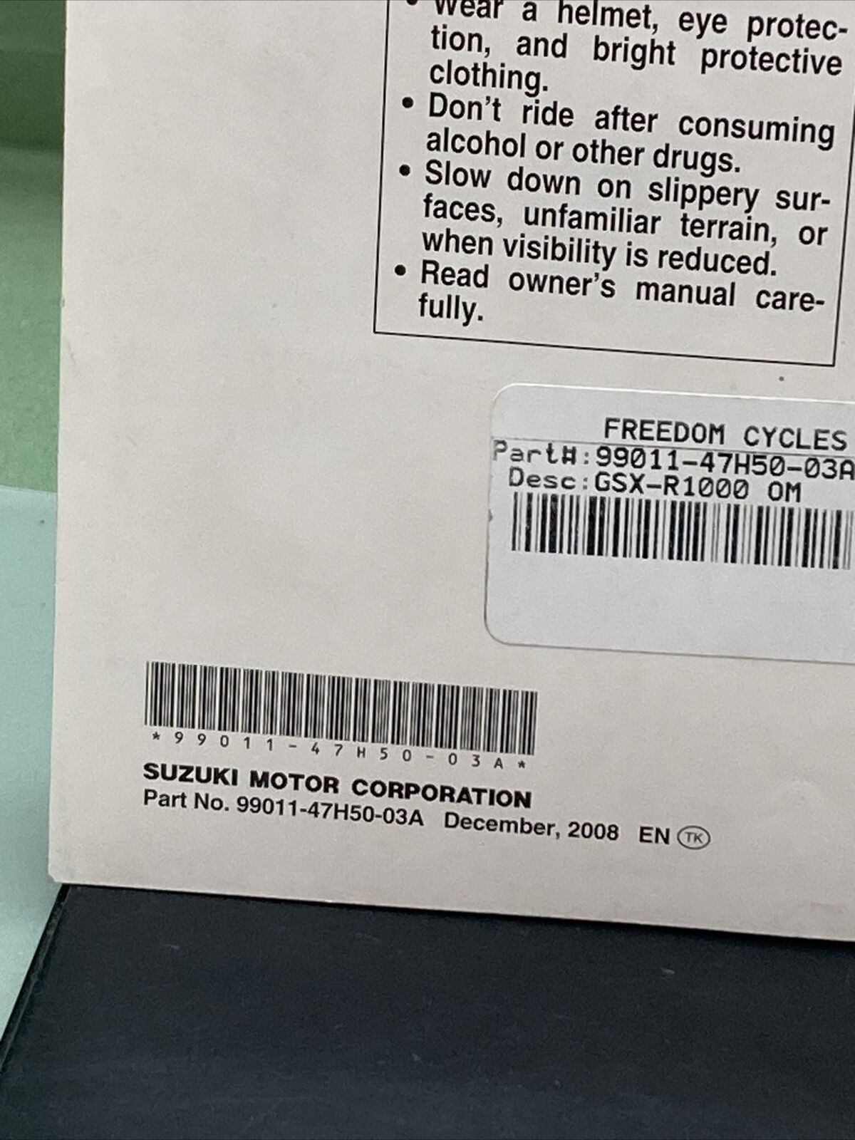 GENUINE SUZUKI 99011-47H50-03A GSX-R1000 OWNER'S MANUAL