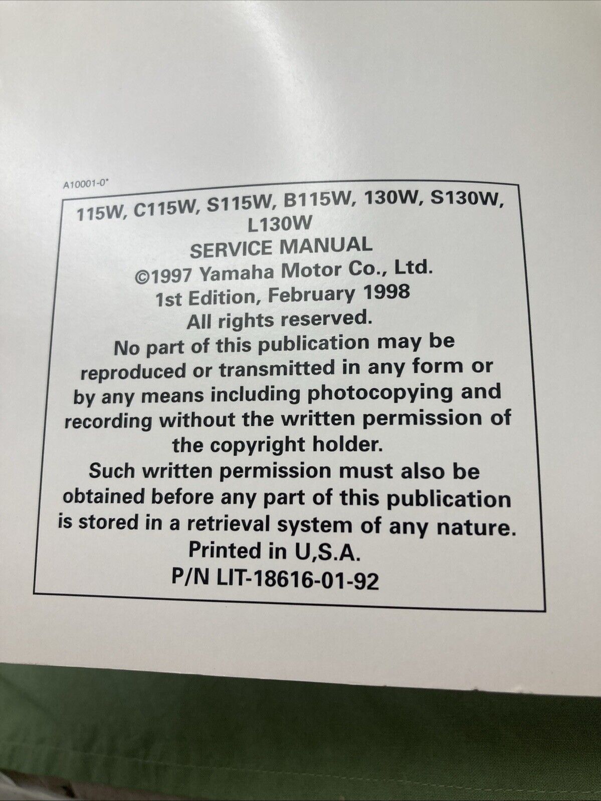 GENUINE YAMAHA LIT-18616-01-92 115W, C115W, S115W, B115W SERVICE MANUAL 1997