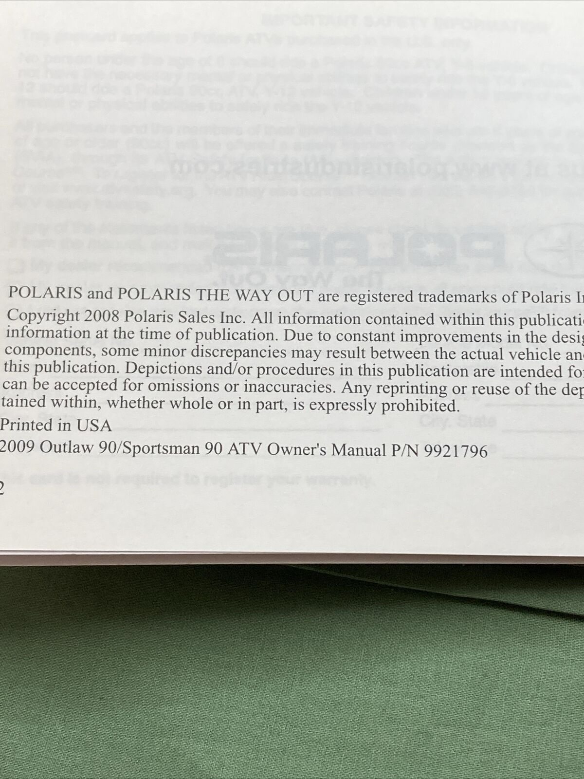 GENUINE POLARIS 9921796 OWNER'S MANUAL OUTLAW 90/SPORTSMAN 90 2009