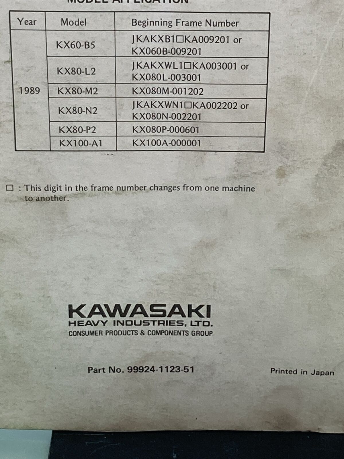 GENUINE KAWASAKI  99924-1123-51 SERVICE MANUAL SUPPLEMENT KX60 KX80 KX100