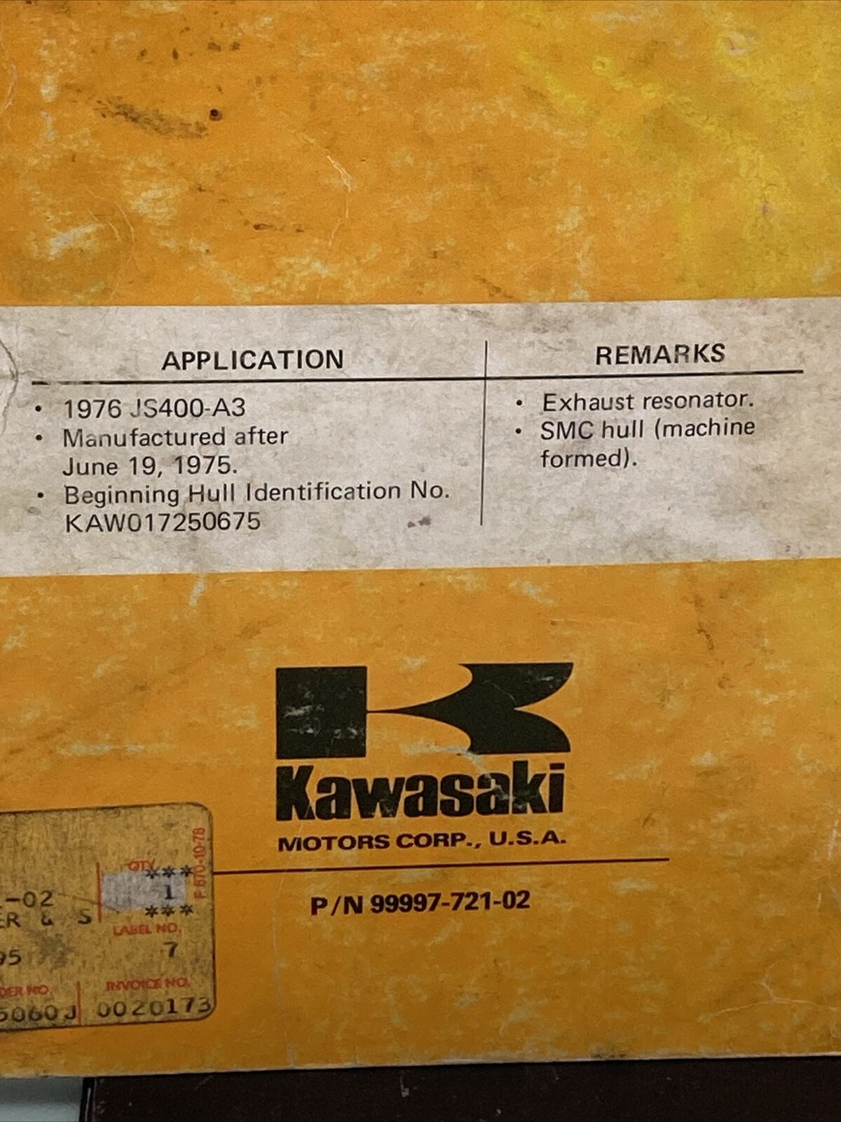 GENUINE KAWASAKI 99997-721-02 JET SKI OWNER'S AND SHOP MANUAL JS400